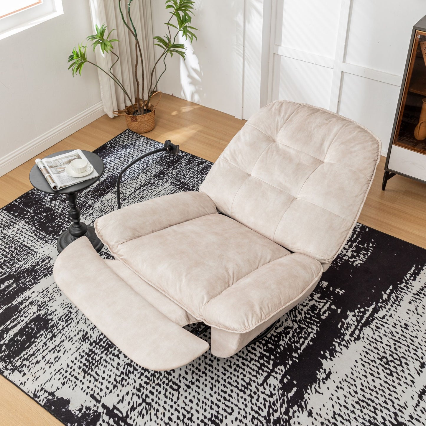 Modern Swivel Gliding Recliner Chair With Rocking Function And Phone Holder - Large Comfortable Reading Chair In Gold Stamped Velvet - Ivory