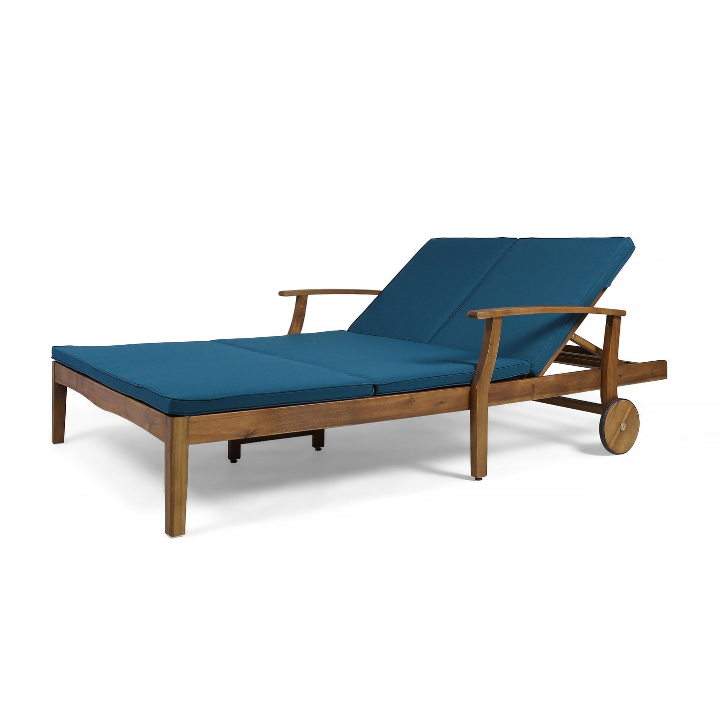 Etherealize - Outdoor Adjustable Double Chaise Lounge With Water Resistant Cushions - Teak / Blue