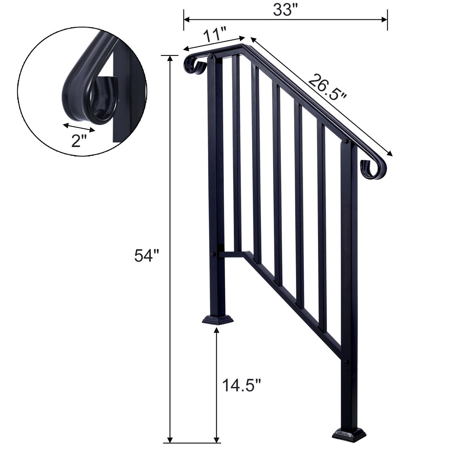Handrails For Outdoor Steps, Fit 2 Or 3 Steps Outdoor Stair Railing, Picket#2 Wrought Iron Handrail, Flexible Porch Railing, Transitional Handrails For Concrete Steps Or Wooden Stairs - Black