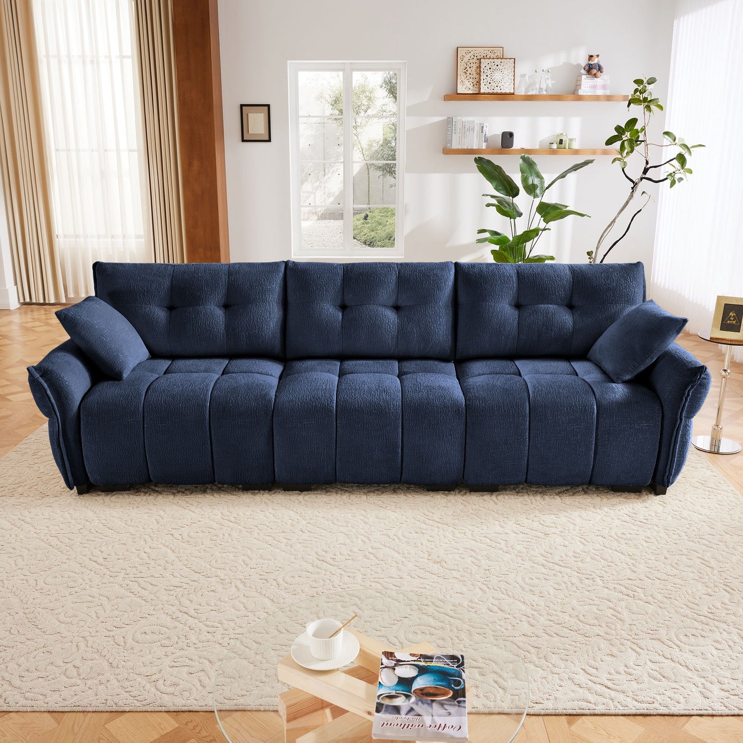 Modern 3 Seater Sofa Set And Pillows Frame, Textured Cover - Blue