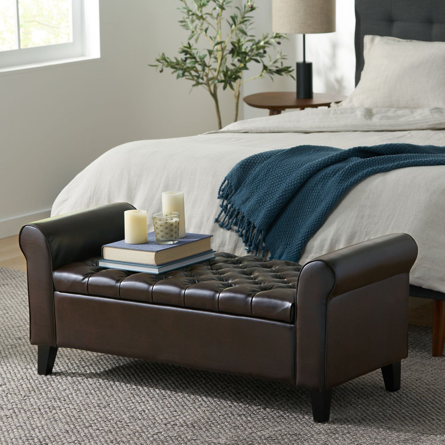 Hayes Contemporary Armed Storage Bench With Button Tufting - Brown