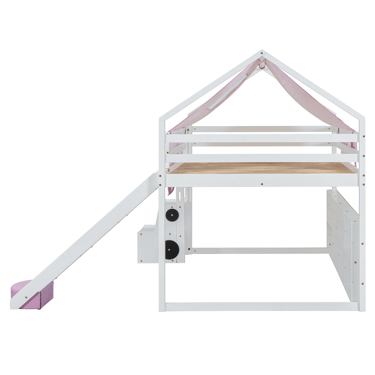 Full Size Loft Bed With House Shaped Frame And Tent - White / Pink
