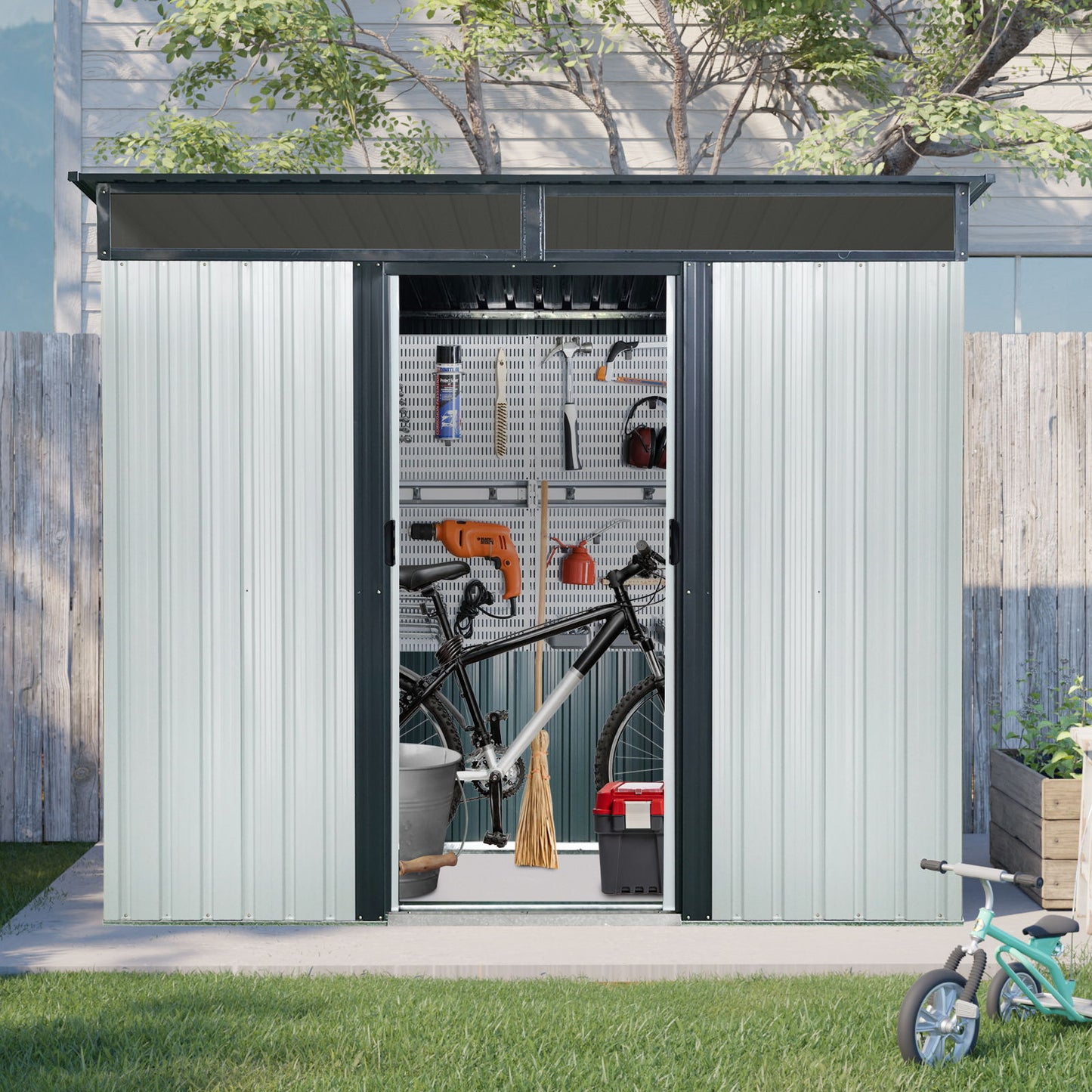 8 Ft X 6 Ft Outdoor Metal Storage Shed With Window And Transparent Plate For Garden, Lawn - White / Black