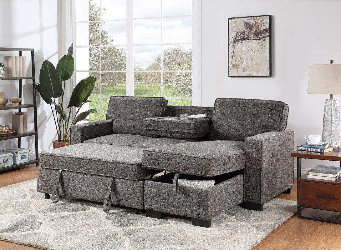 Estelle - Reversible Sleeper Sectional With Storage Chaise Drop-Down Table 2 Cup Holders And 2 USB Ports - Dark Gray