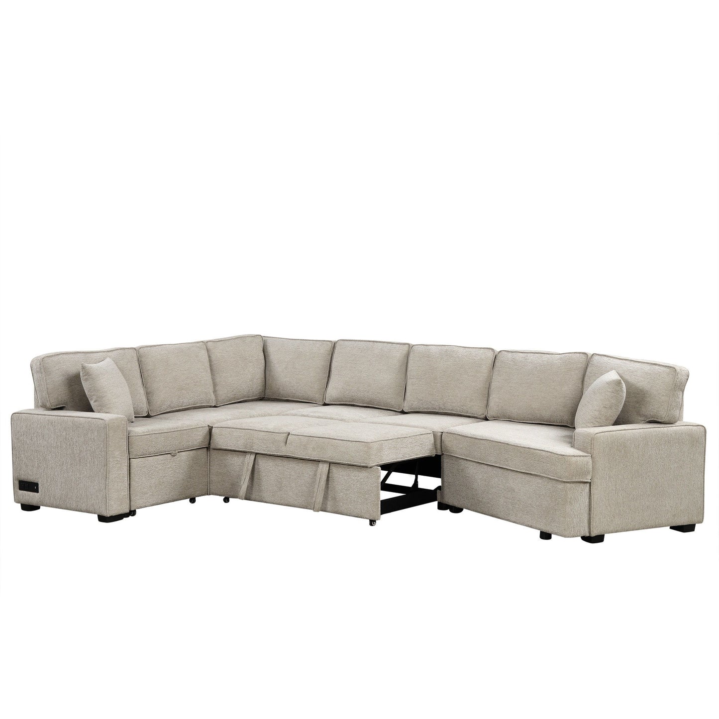 L-Shaped Sofa Sectional Sofa Couch Pull-Out Sofa Bed With Charging Devices And Cup Holders For Living Room - Beige
