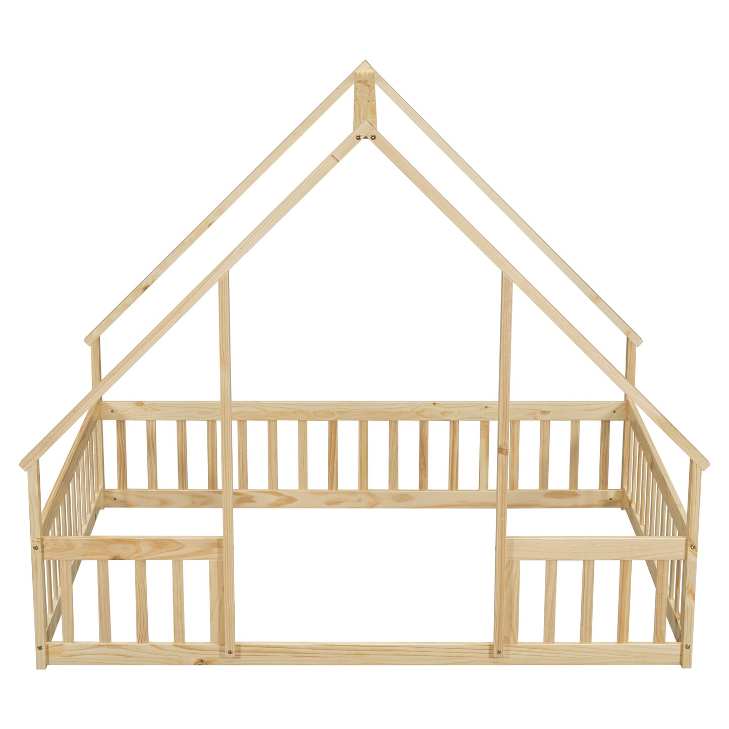 Full Wood House-Shaped Floor Bed With Fence, Guardrails - Natural