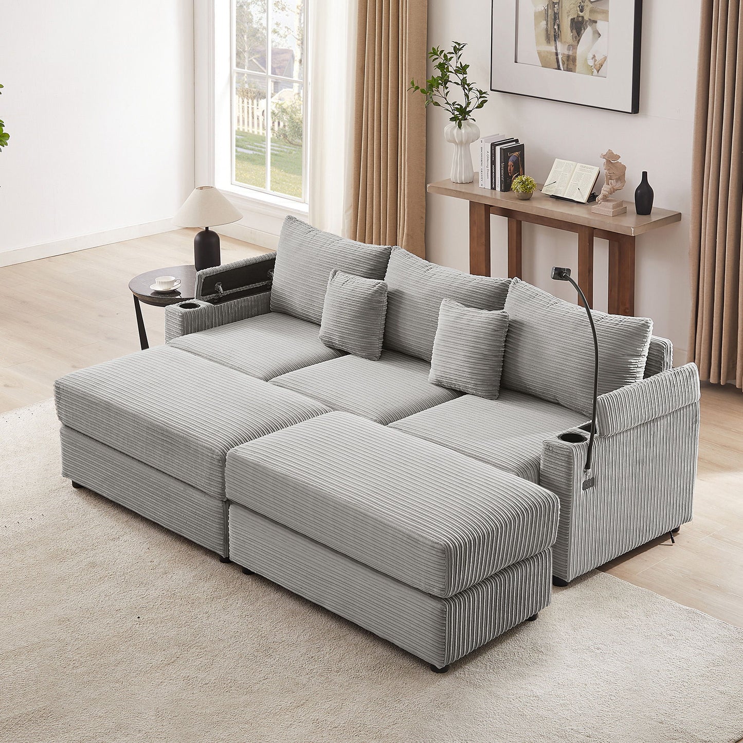 Modern Style 3 - Seater Sofa Sectional Sofa Couch With Storage Space, Two Movable Ottomans, Two USB Ports, Two Cup Holders, A Phone Holder For Living Room - Gray