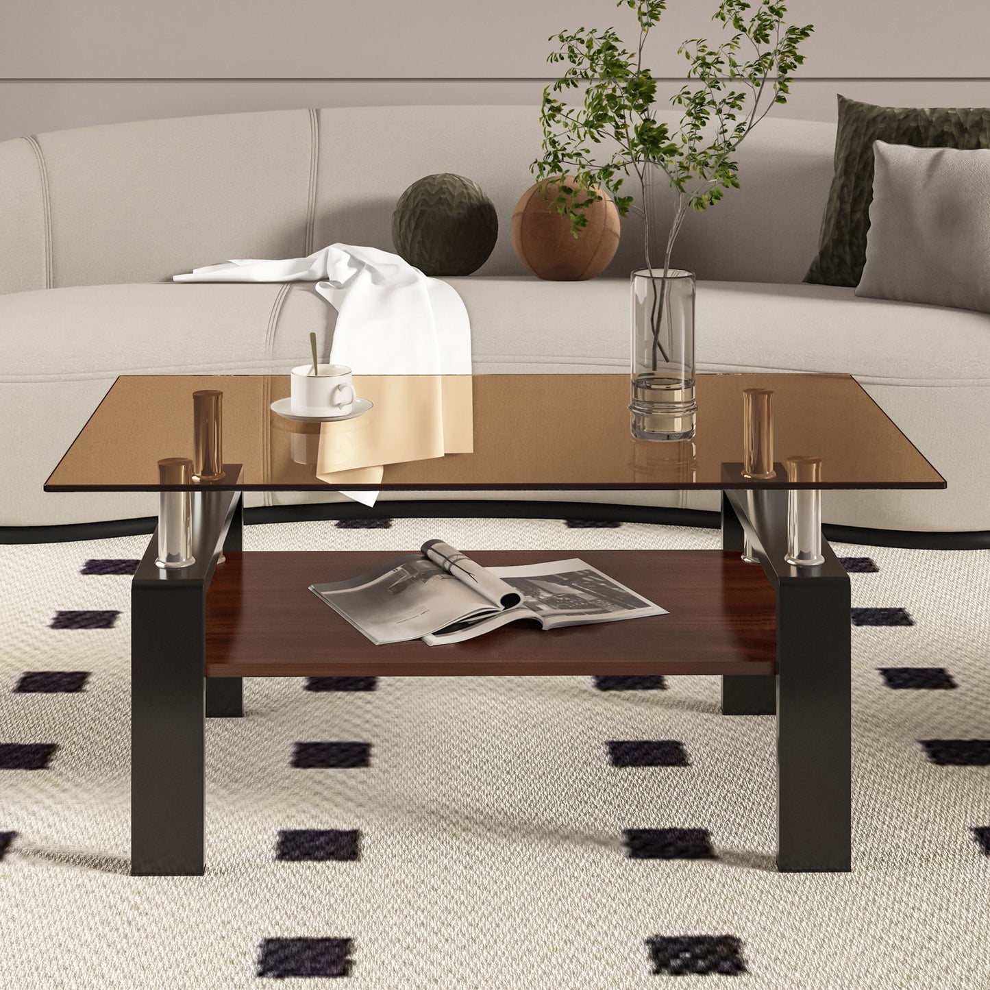 Modern Rectangular Coffee Table With Tempered Brown Glass Top And Layer Table For Living Room - Brown / Black