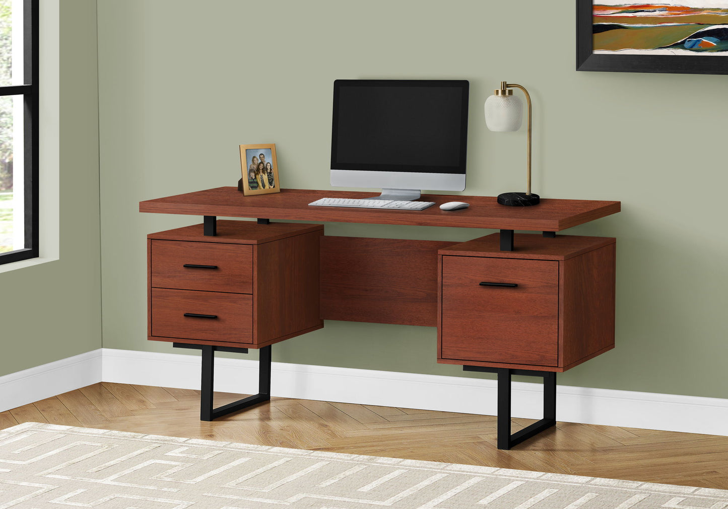 Computer Desk For Home Office, Laptop, Left, Right Set - Up, Storage Drawers, Contemporary & Modern - Cherry