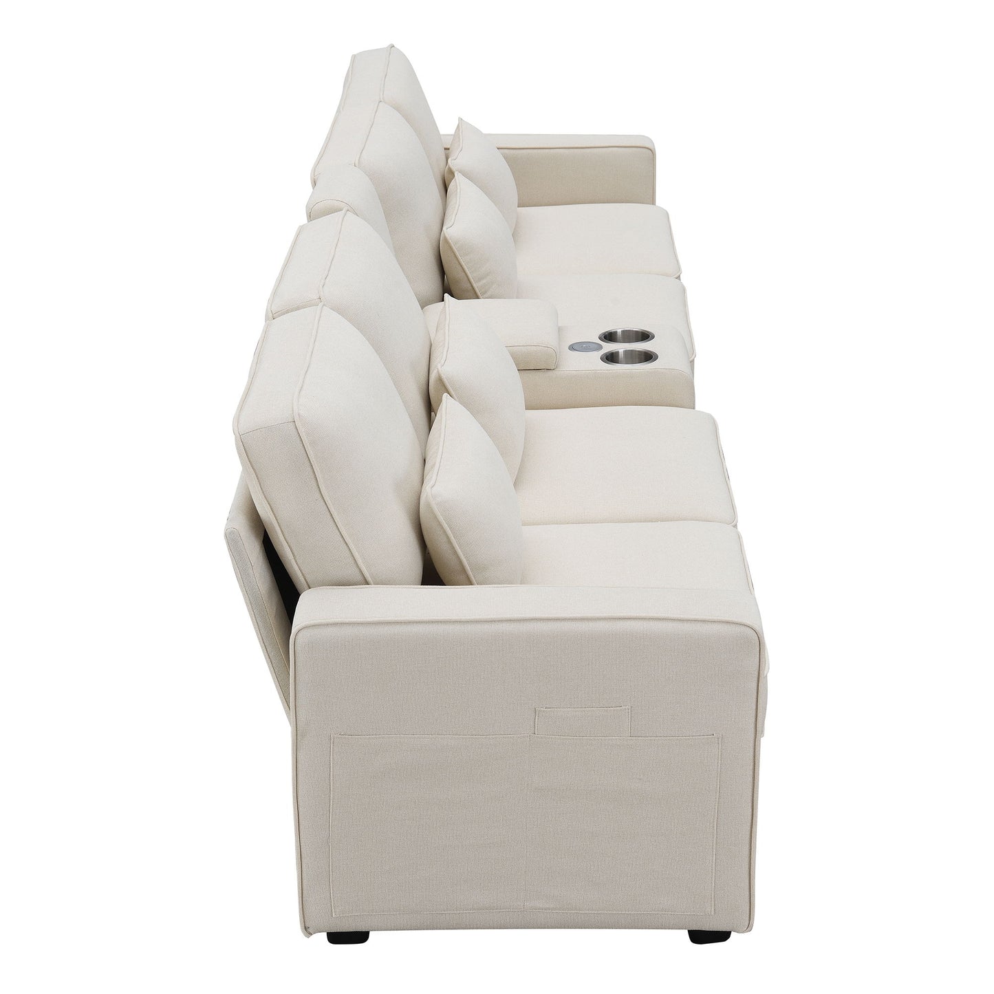 Upholstered Sofa With Console, 2 Cupholders And 2 USB Ports Wired Or Wirelessly Charged, Modern Linen Fabric Couches With 4 Pillows (4 Seat) - Beige
