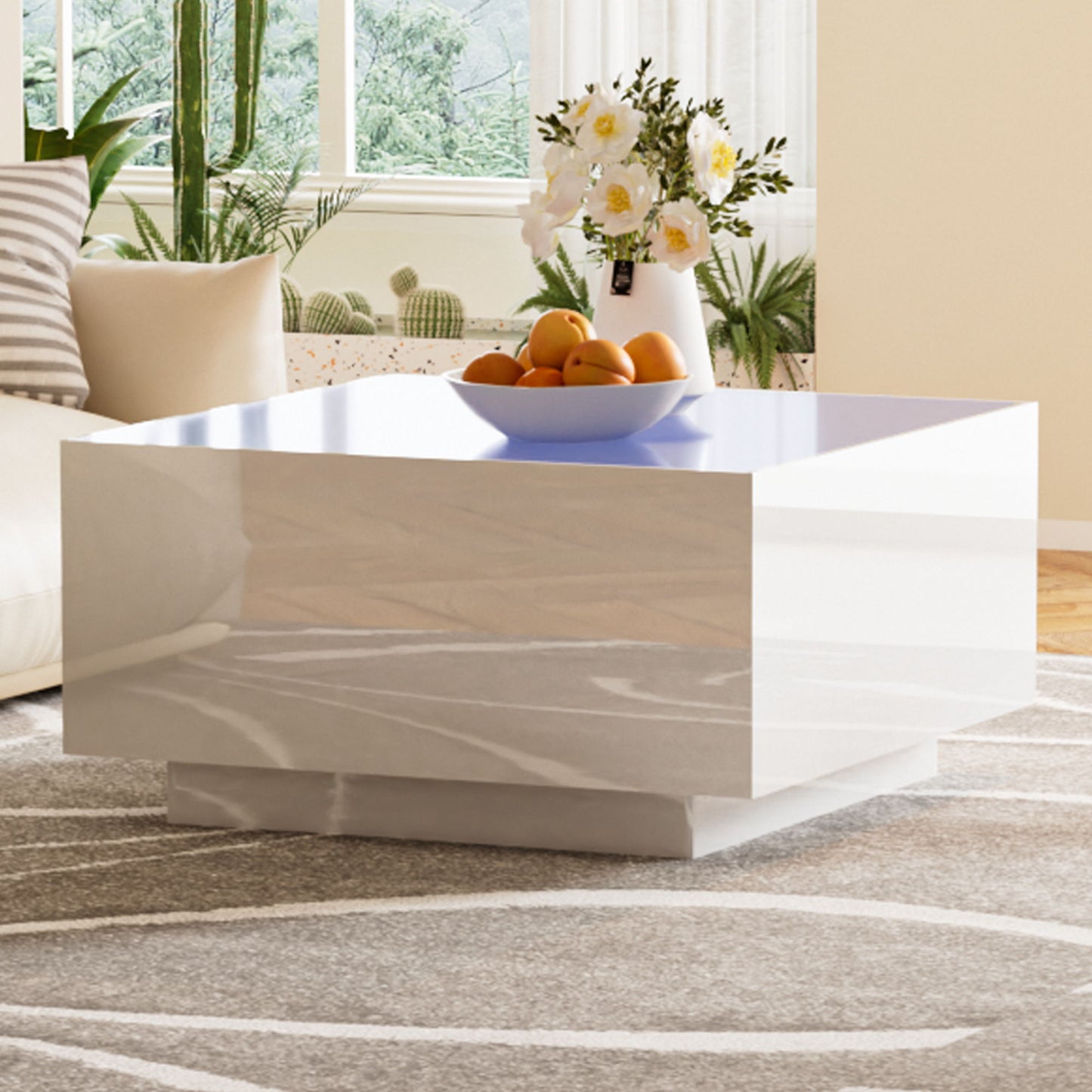 Square High Glossy Coffee Table With 16 Color Led Strip Lights, Modern Center Table With 5Mm Frosted Tempered Glass Top For Living Room - White