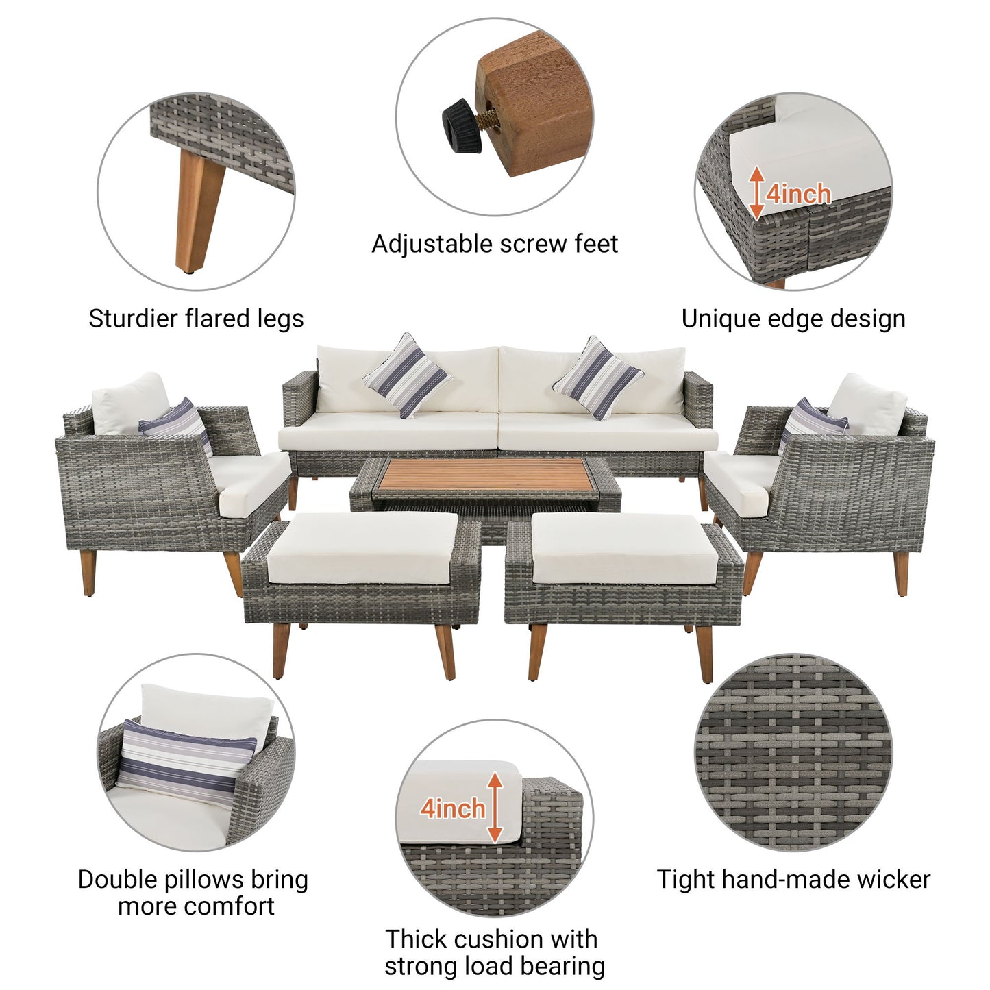 6 Pieces All Weather Sofa Set, Outdoor Rattan Sofa With Double Cushions, Wood Legs Wood Table Top - Beige / Gray