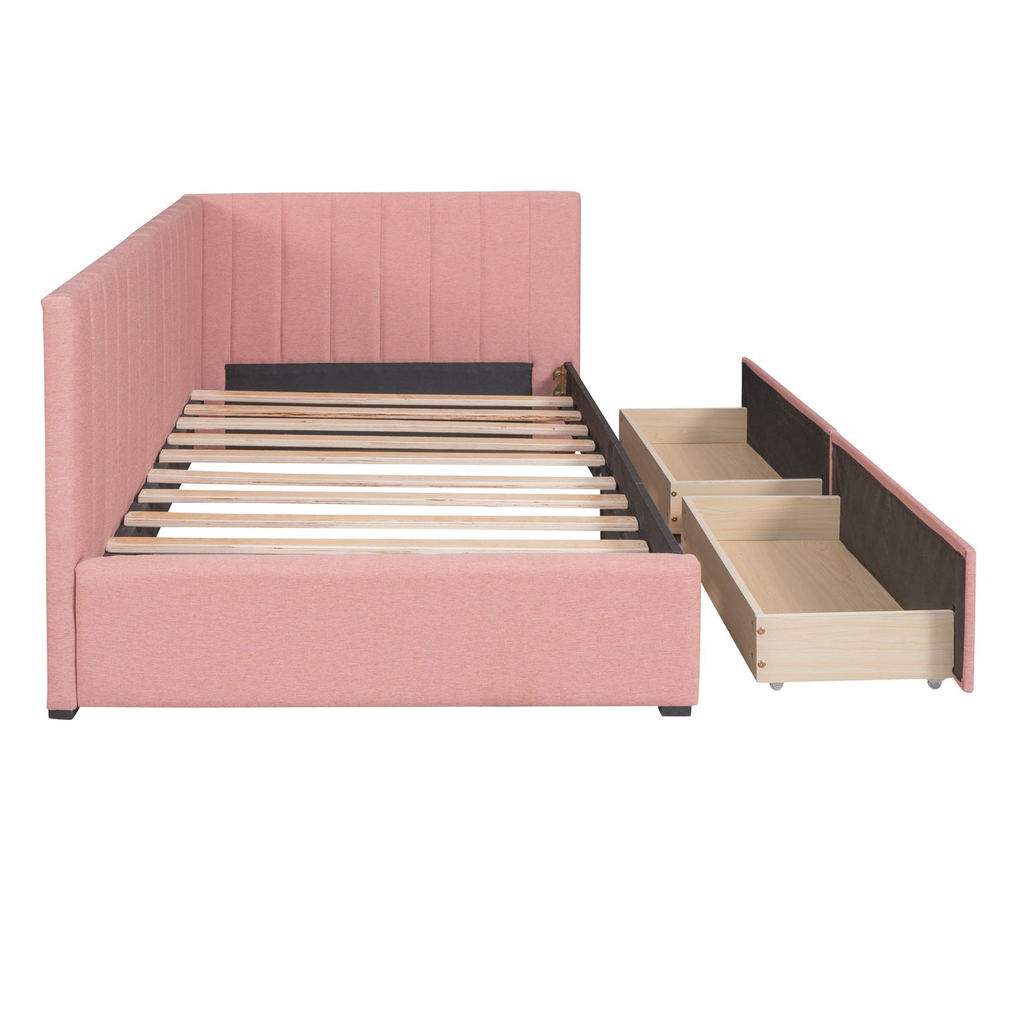 Twin Size Upholstered Daybed With 2 Storage Drawers, Sofa Bed Frame No Box Spring Needed - Pink