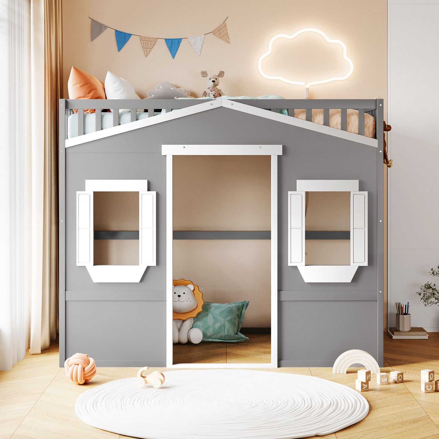Twin Size House Loft Bed With Ladder - Gray / White