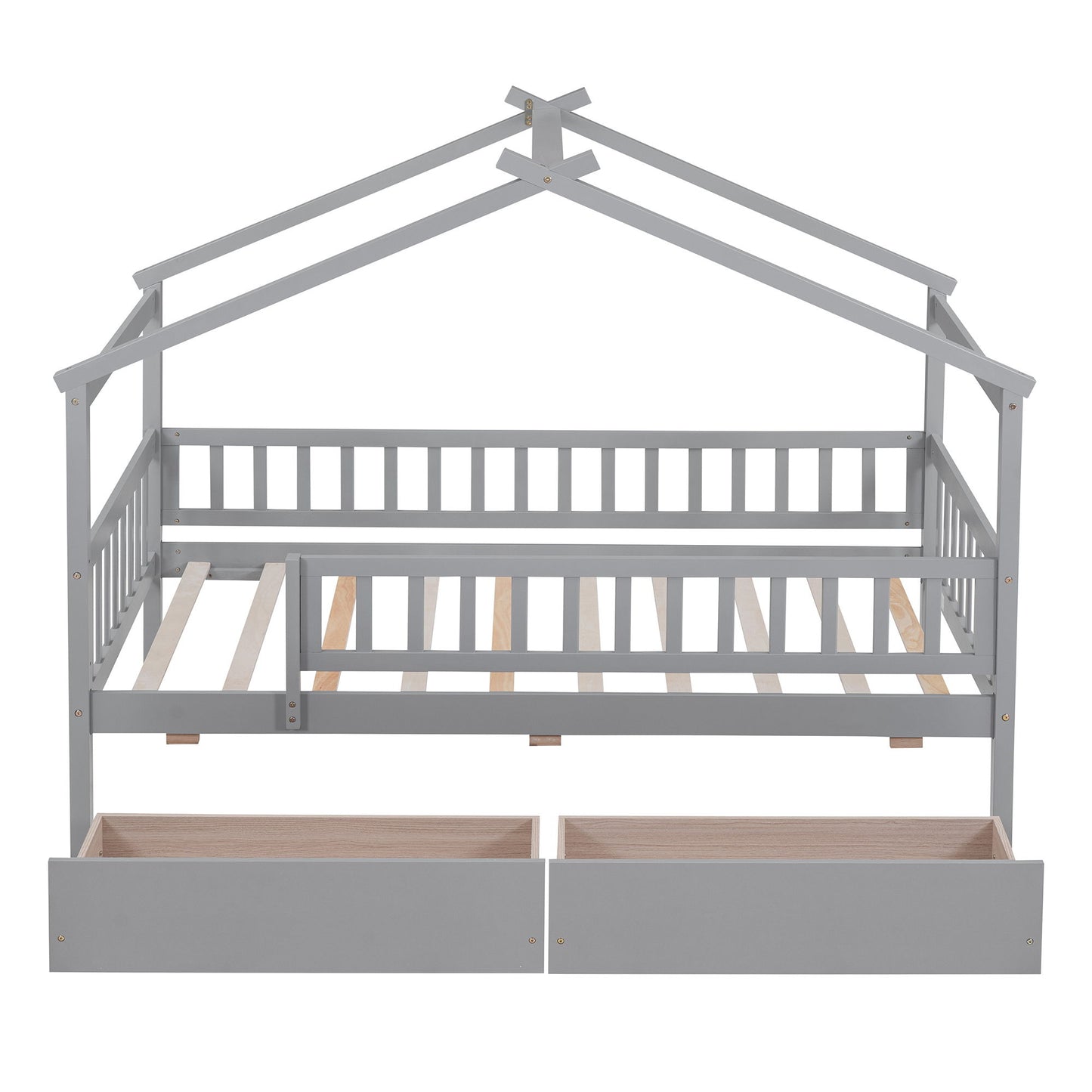 Twin Size House Bed With 2 Drawers - Gray