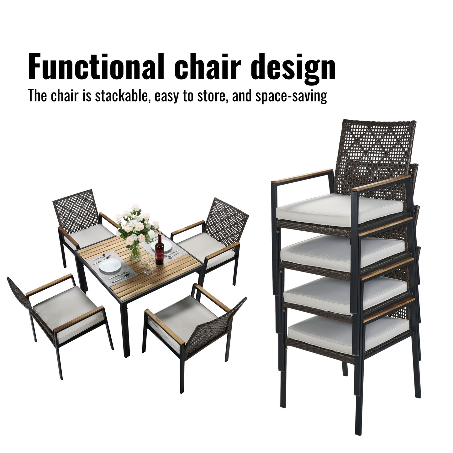 All Weather 5 Piece Patio Dining Table Set, Acacia Wood Table Top With Umbrella Hole, Rattan Outdoor - Coffee Brown