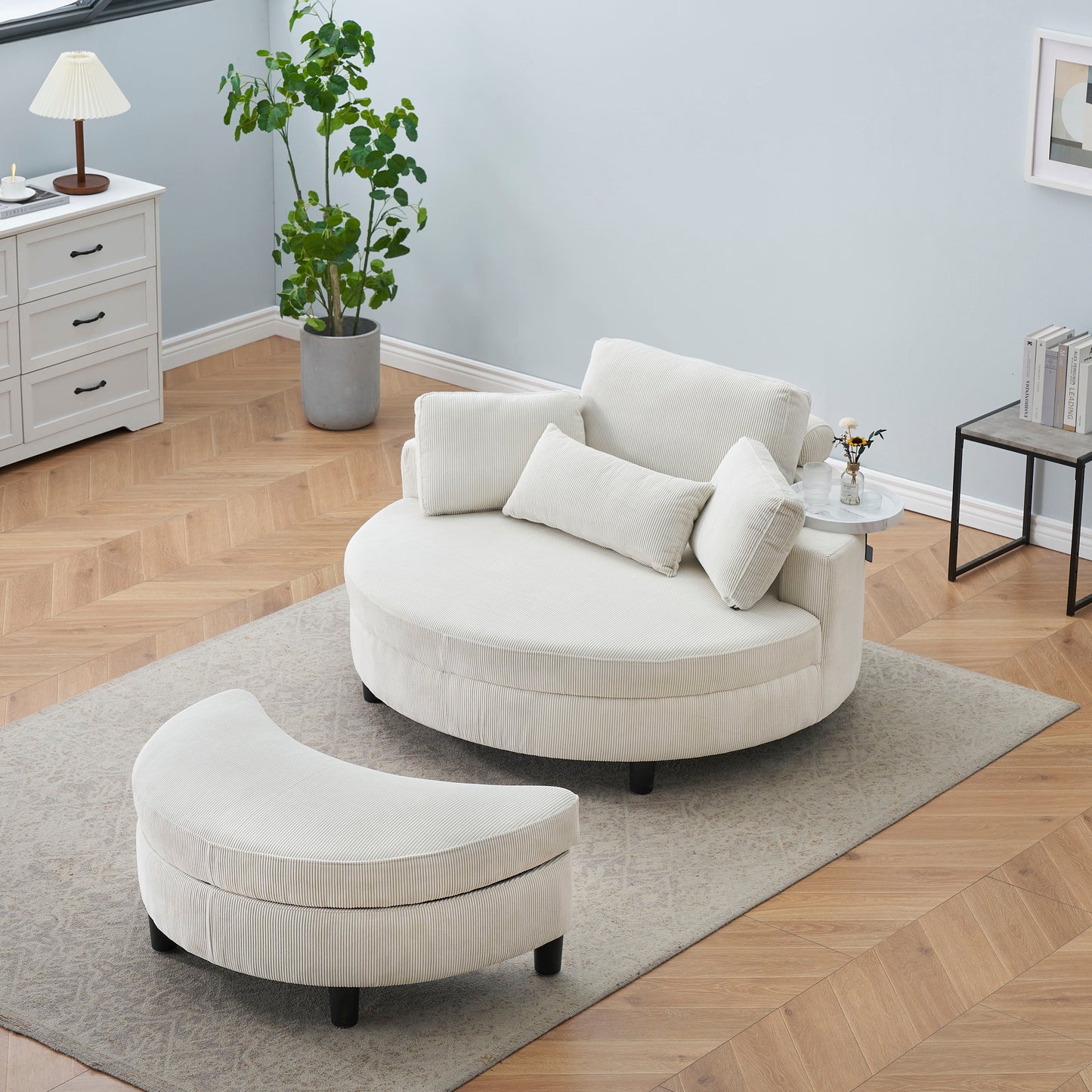 Corduroy Sofa With Two Throw Pillows And A Waist Pillow With An Extra Tray For Comfortable Seating Suitable For Small Apartment Bedroom Space - Beige