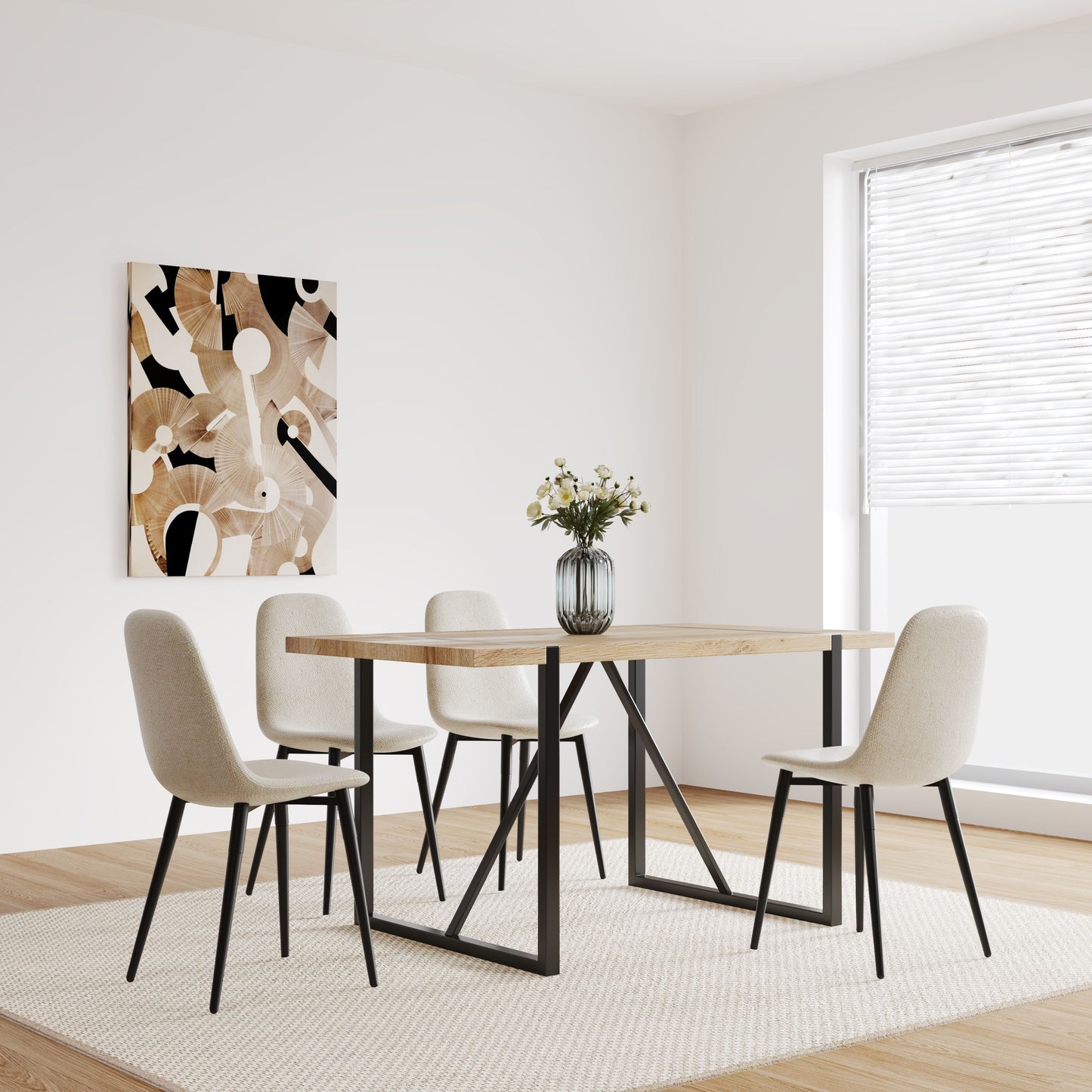 Modern Dining Chairs (Set of 4) With Linen Fabric Upholstered Seat, Spoon Shape Design - Black / Beige