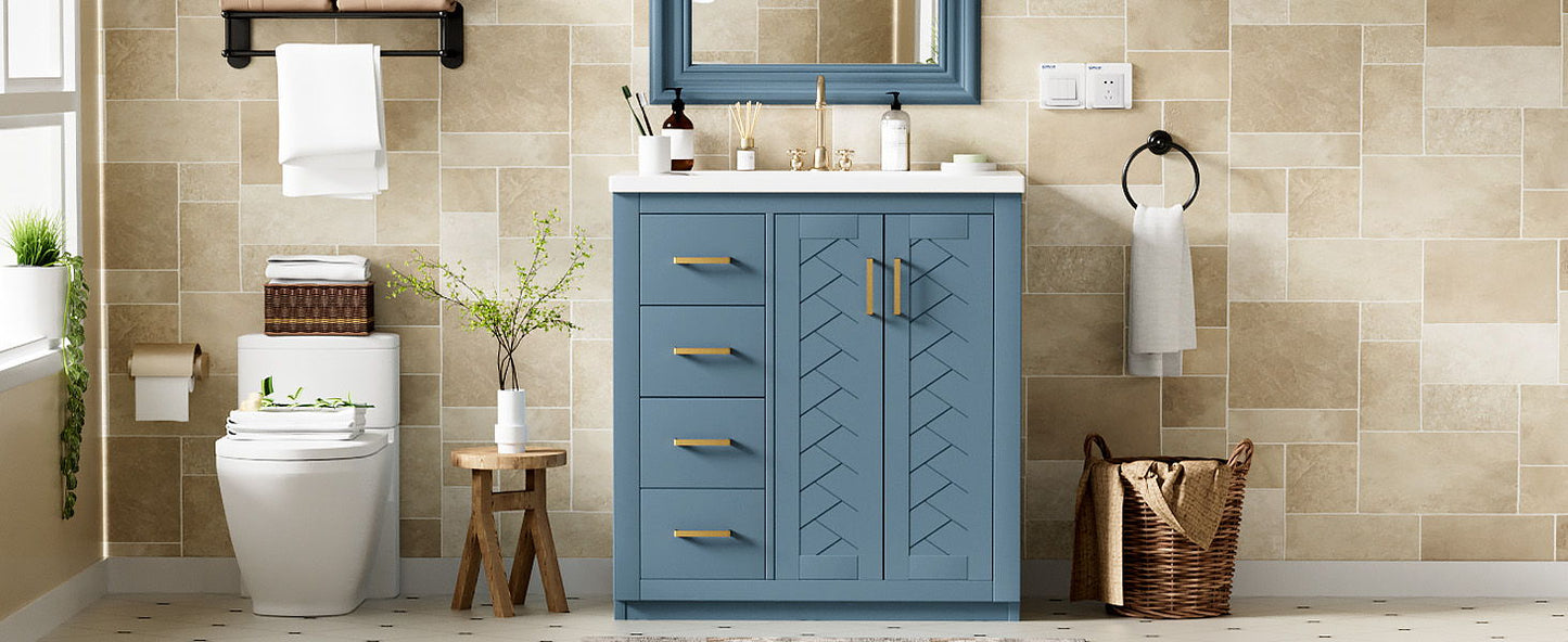 Bathroom Vanity With Ceramic Sink Combo, Frame Bathroom Storage Cabinet, Freestanding Vanity Set With 3 Drawers & Soft Closing Doors - Indigo
