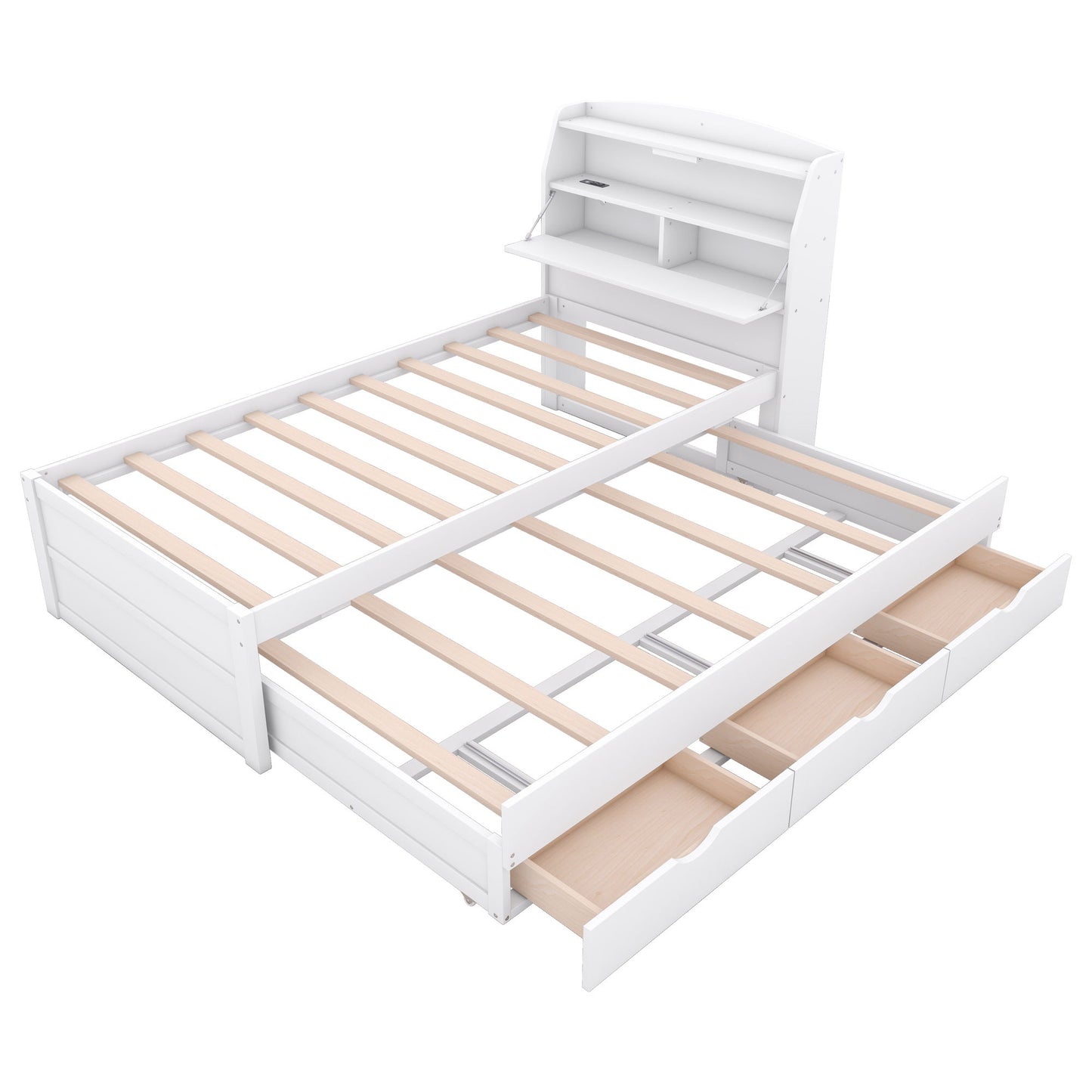 Twin Size LED Platform Bed With Trundle With Storage Headboard With Drawers - White
