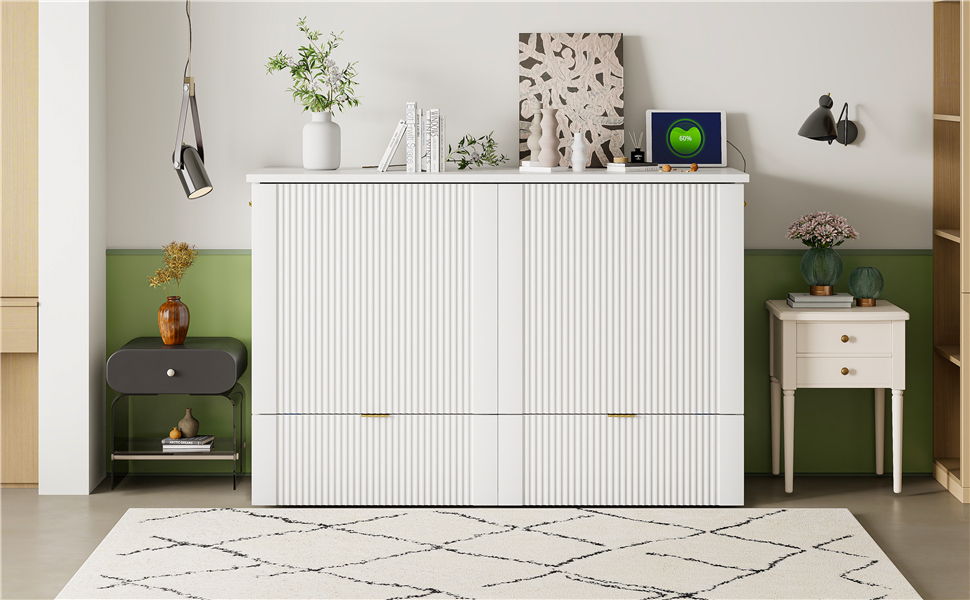 Full Size Murphy Bed With Drawer And A Set Of Sockets & USB Ports, Pulley Structure Design - White