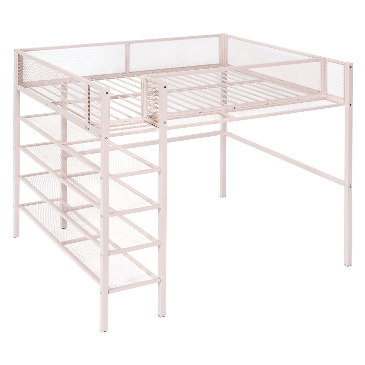 Full Size Loft Bed With 4 Tier Shelves And Storage - Pink