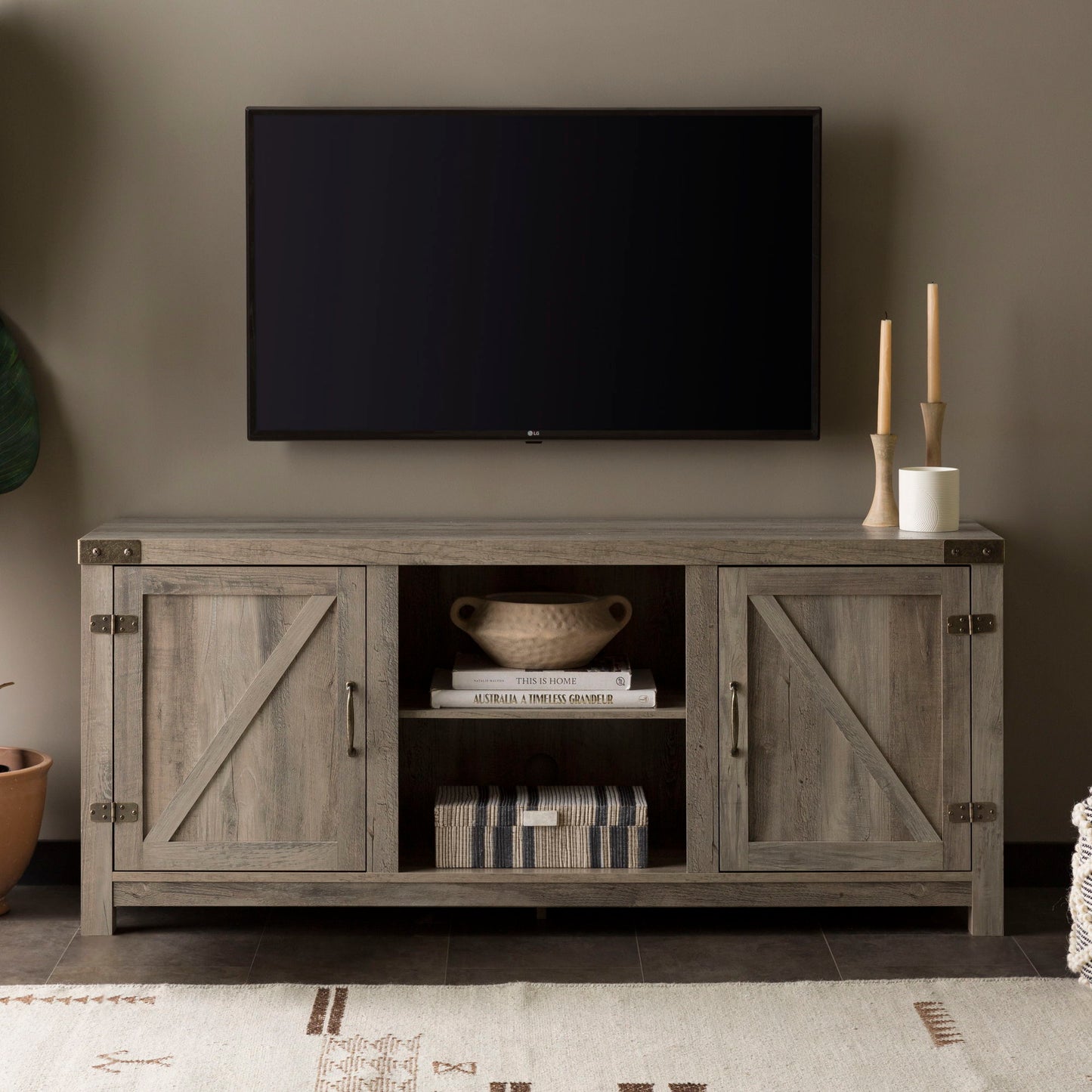 Farmhouse Barn Door TV Stand For TVs Up To 65" - Gray Wash