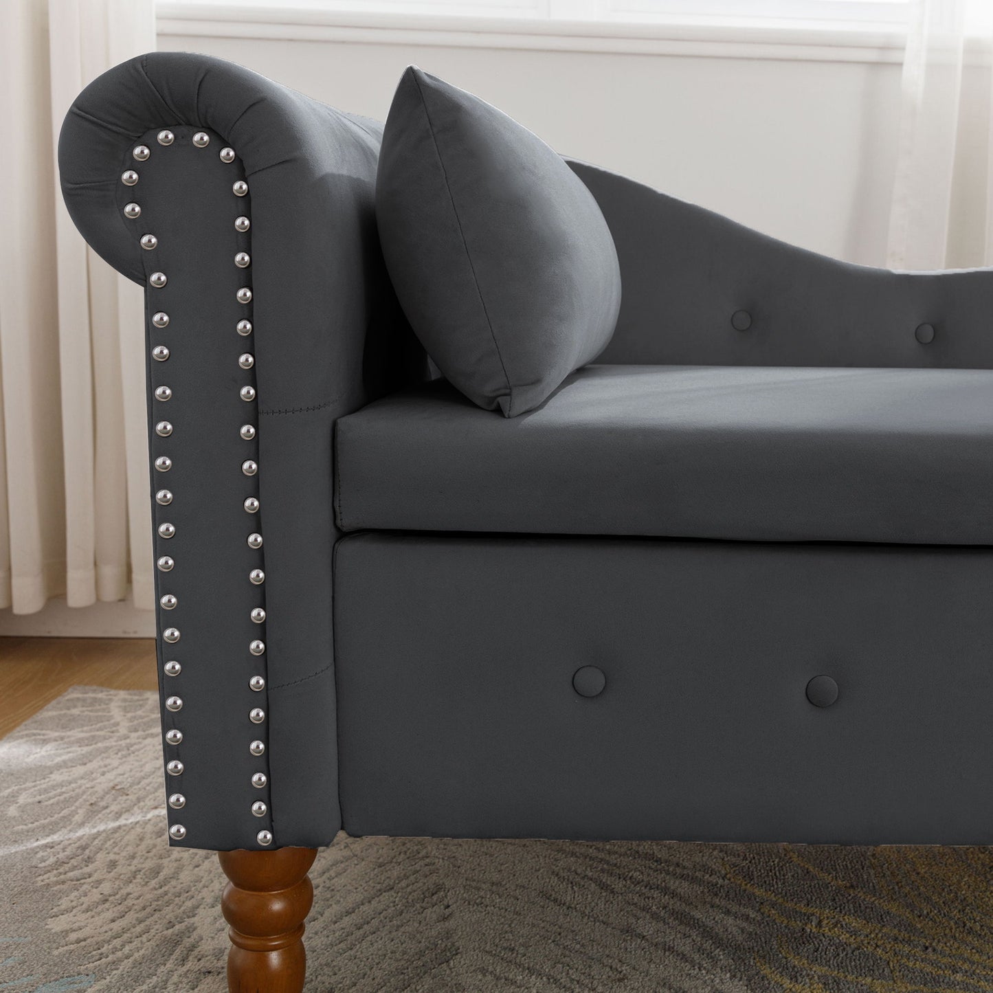 Chaise Lounge Indoor, Velvet Lounge Chair For Bedroom With Storage & Pillow, Modern Upholstered Rolled Arm Chase Lounge For Sleeping With Nailhead Trim For Living Room Bedroom Office - Black
