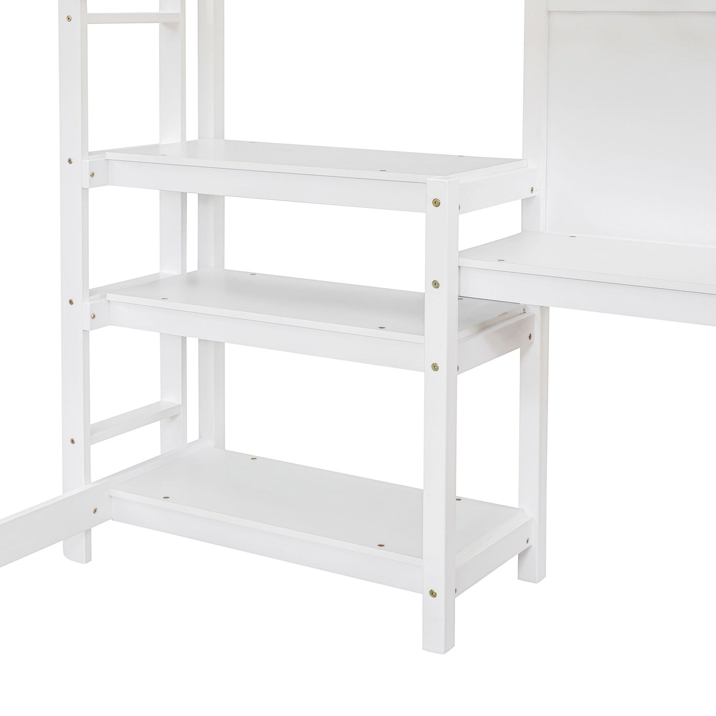 Full Size Loft Bed With Shelves, Desk And Writing Board - White