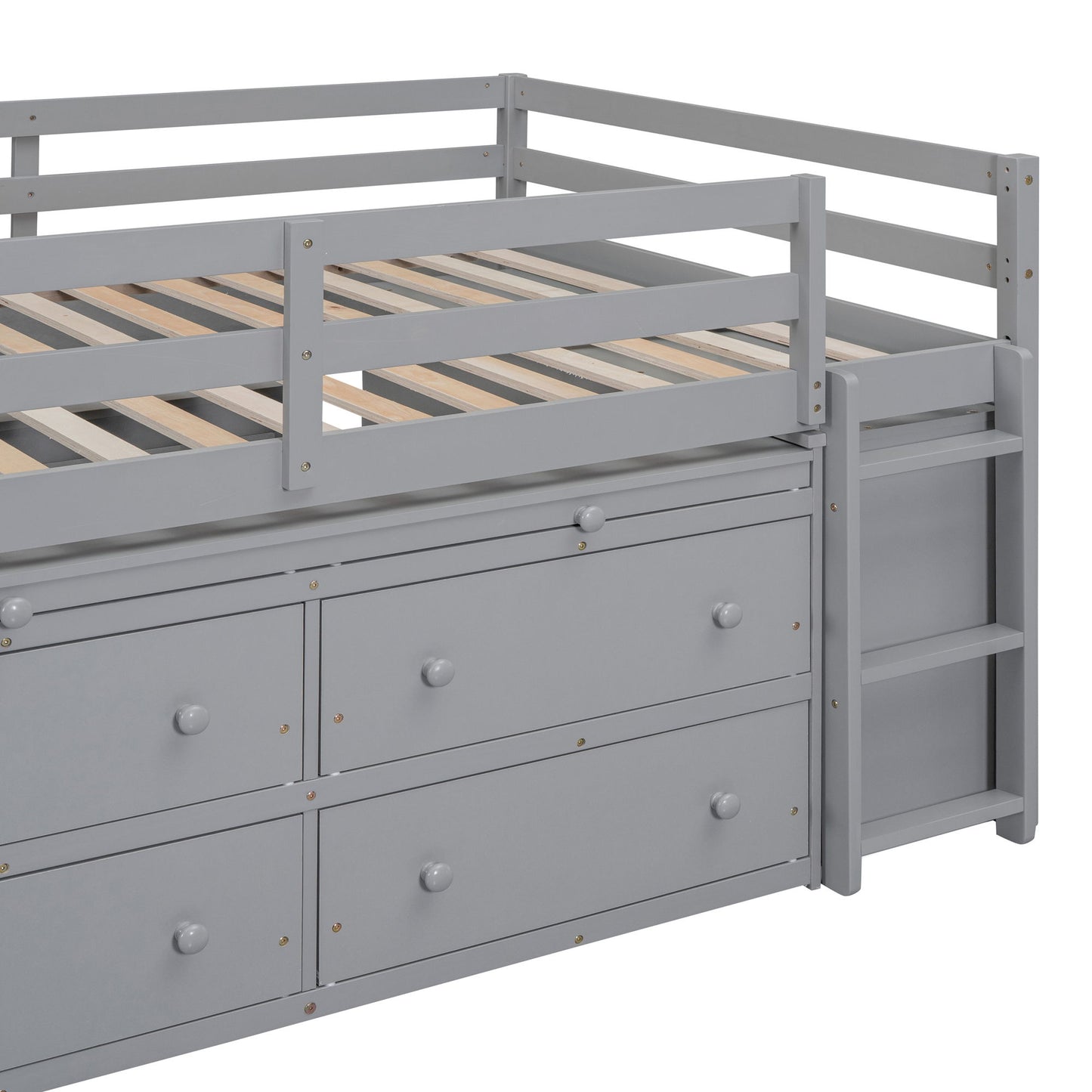 Full Size Loft Bed With Retractable Writing Desk And 4 Drawers, With Lateral Portable Desk And Shelves - Gray