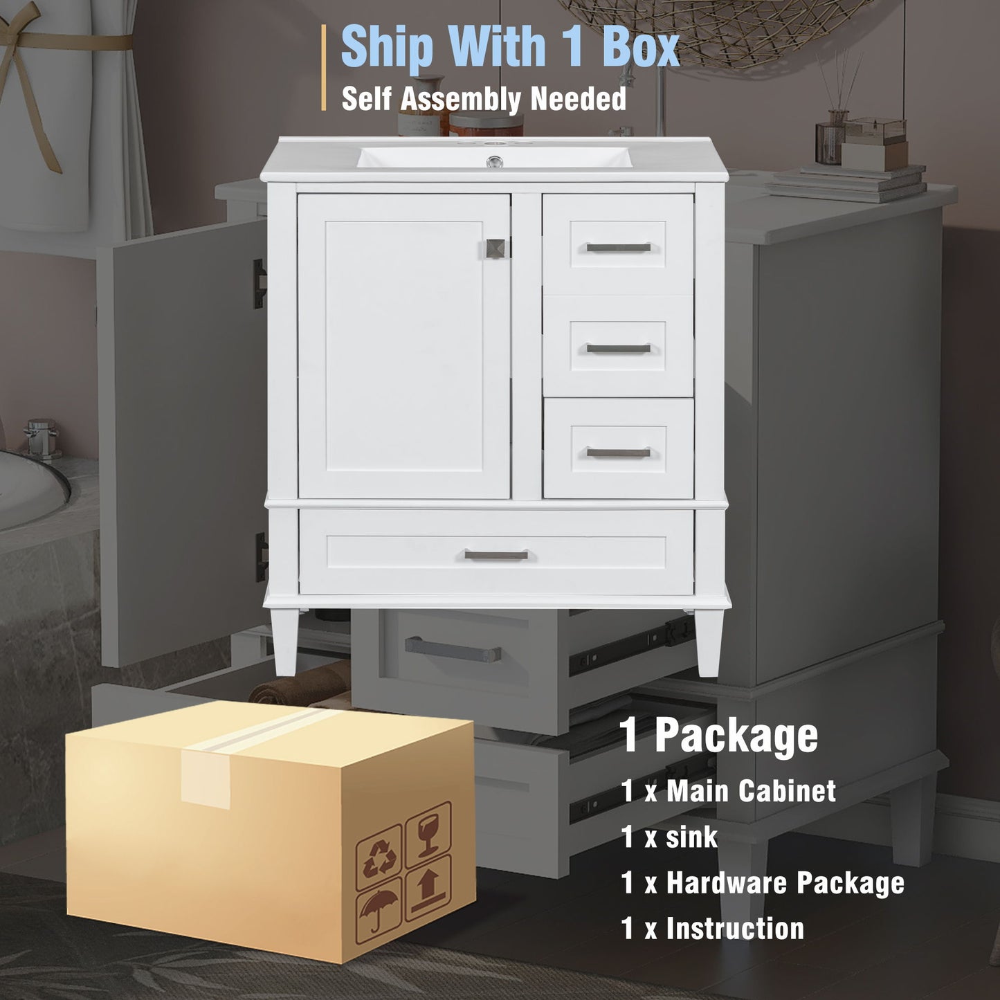 Bathroom Vanity, Modern Bathroom Cabinet With Sink Combo Set, Bathroom Storage Cabinet With A Soft Closing Door And 3 Drawers, Solid Wood Frame - White
