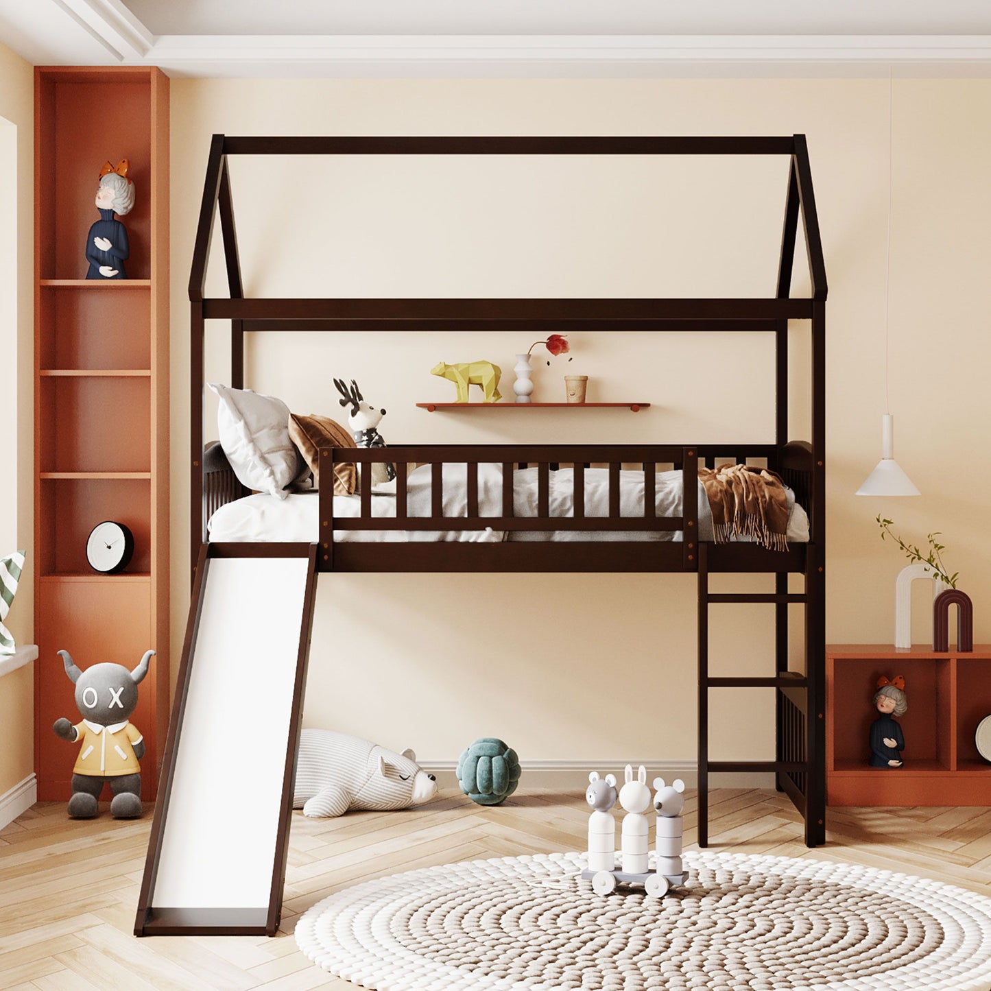 Twin House Loft Bed With Slide - Espresso