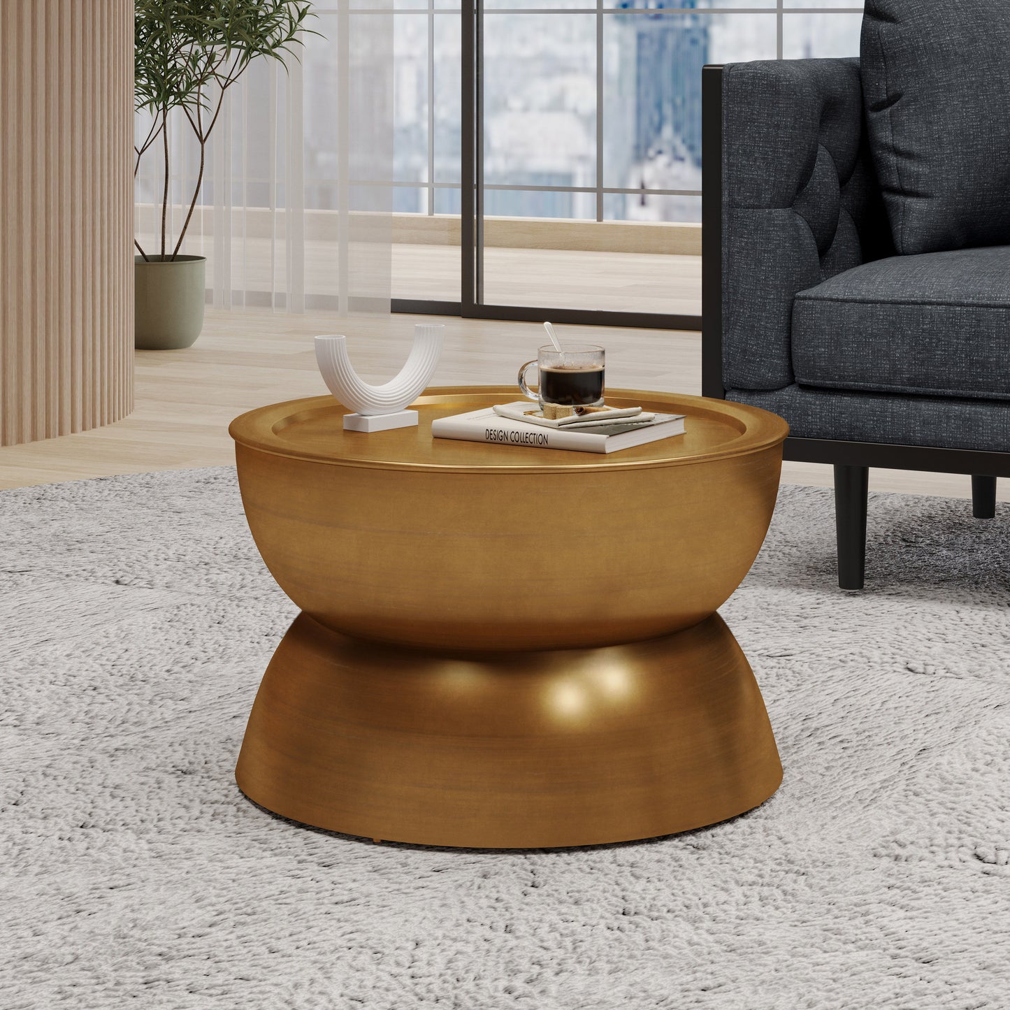 Metal Hammered Coffee Table With Stunning Hourglass Design - Gold