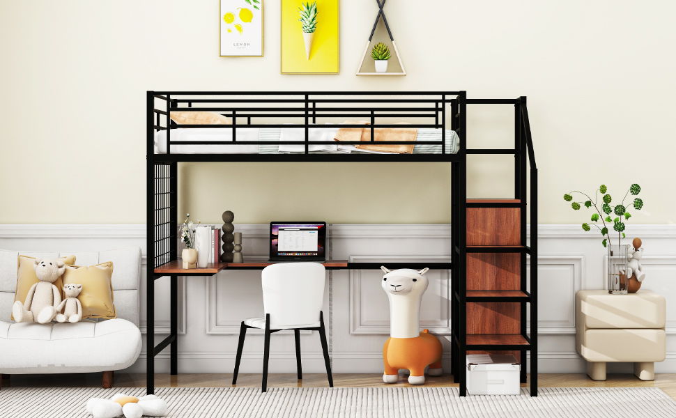 Twin Size Loft Bed With Desk And Grid, Stylish Frame With Lateral Storage Ladder And Wardrobe - Black
