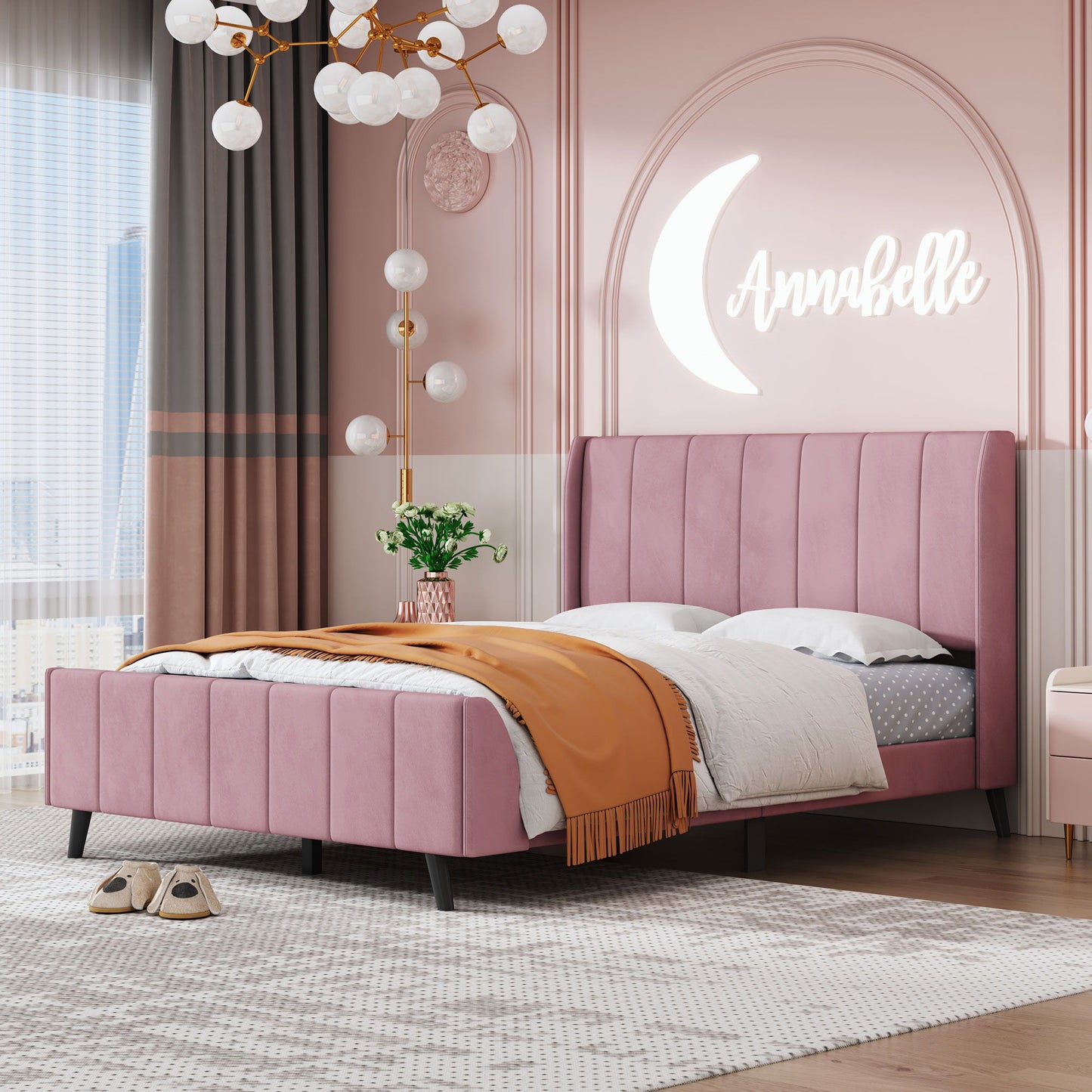Full Size Upholstered Platform Bed - Pink