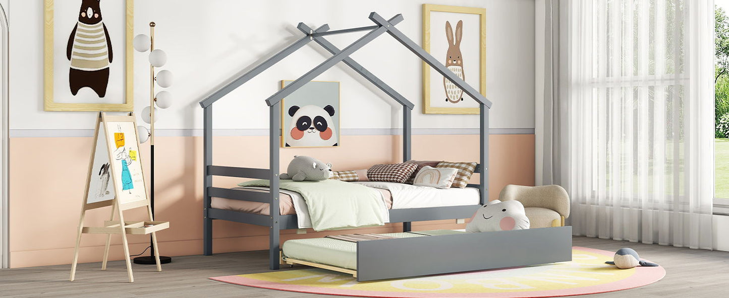 Twin Size House-Shaped Bed With Trundle - Gray