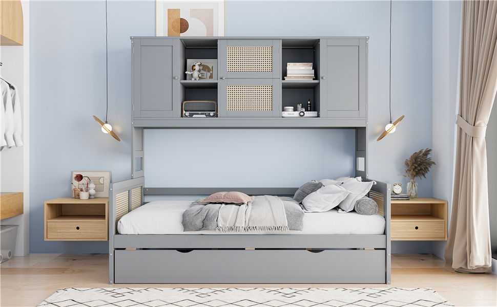 Twin Size Wooden Daybed With Twin Size Trundle, And All In One Cabinet And Shelf - Gray