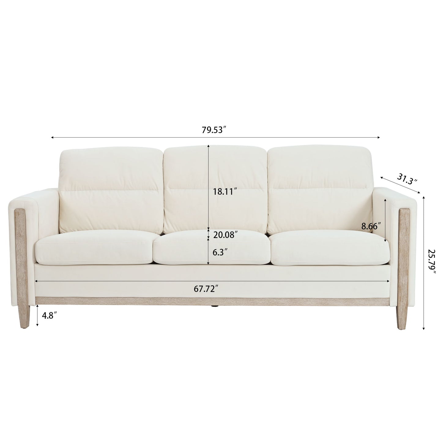 Comfortable Solid Wood Three-Seater Sofa, Soft Cushions, Durable And Long-Lasting, Sofa Couch For Living Room - Beige