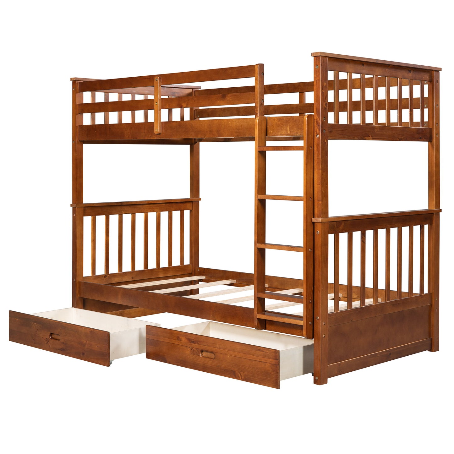 Twin Over Twin Bunk Bed With Ladders And 2 Storage Drawers - Walnut