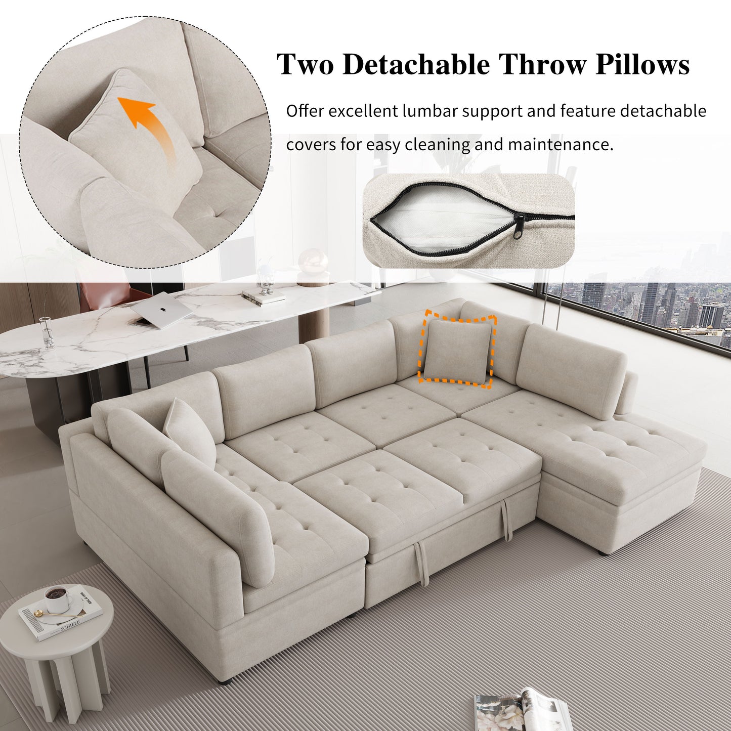 Oversized Sectional Sofa U-Shaped Sofa Couch Pull-Out Sofa Bed With Two Throw Pillows For Living Room - Beige