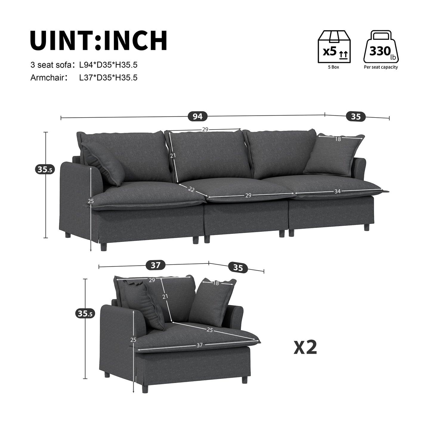3 Piece Living Room Set Modular Sectional Couch Upholstered 3 Seater Sofa & 2 Armchairs 5 Seat - Gray