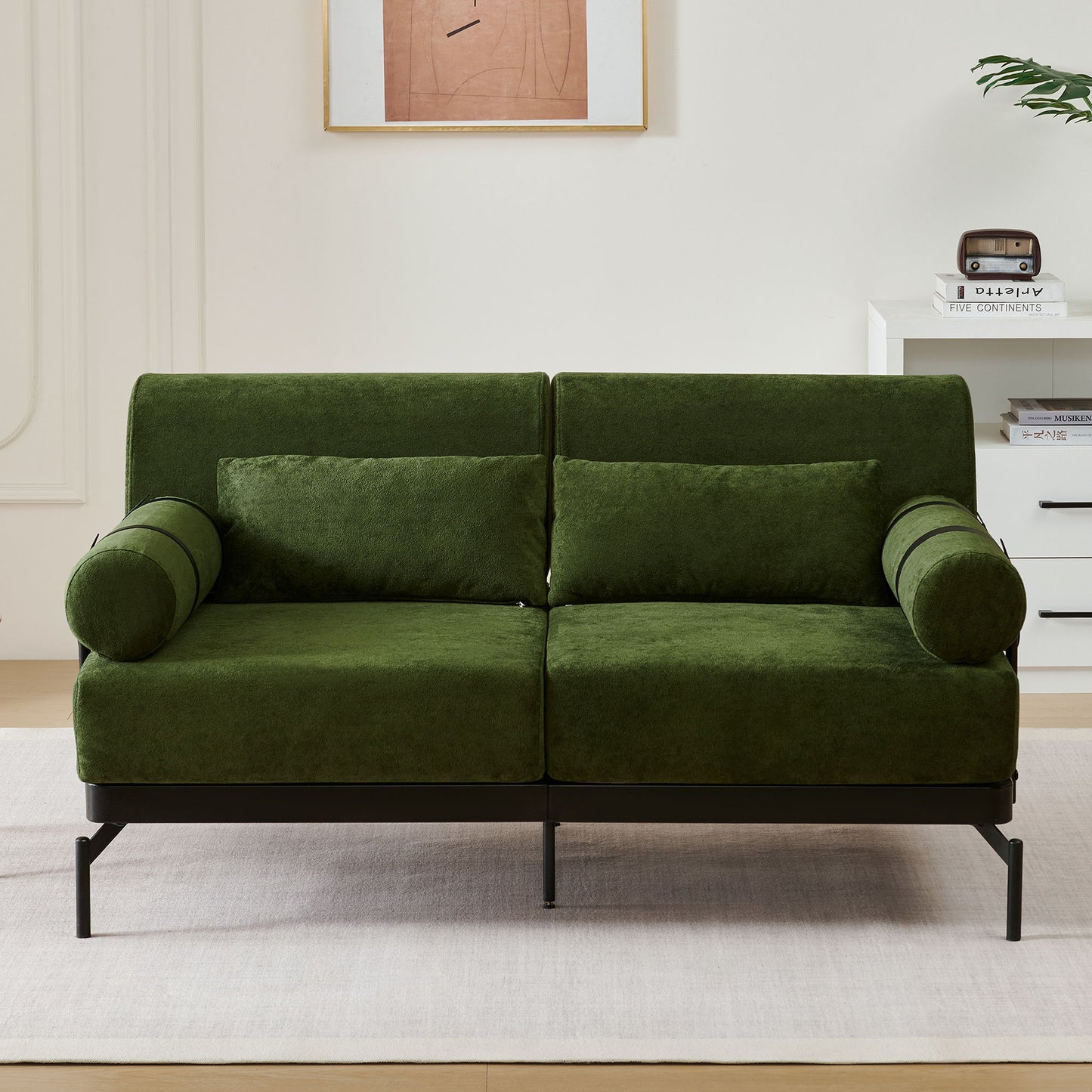 Modern Loveseat Sofa 2 Seater With USB Ports, Cylindrical Armrests - Green