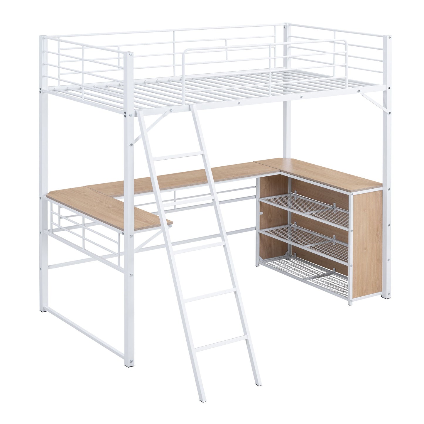 Twin Size Loft Bed With 3 Layers Of Shelves And L-Shaped Desk - White