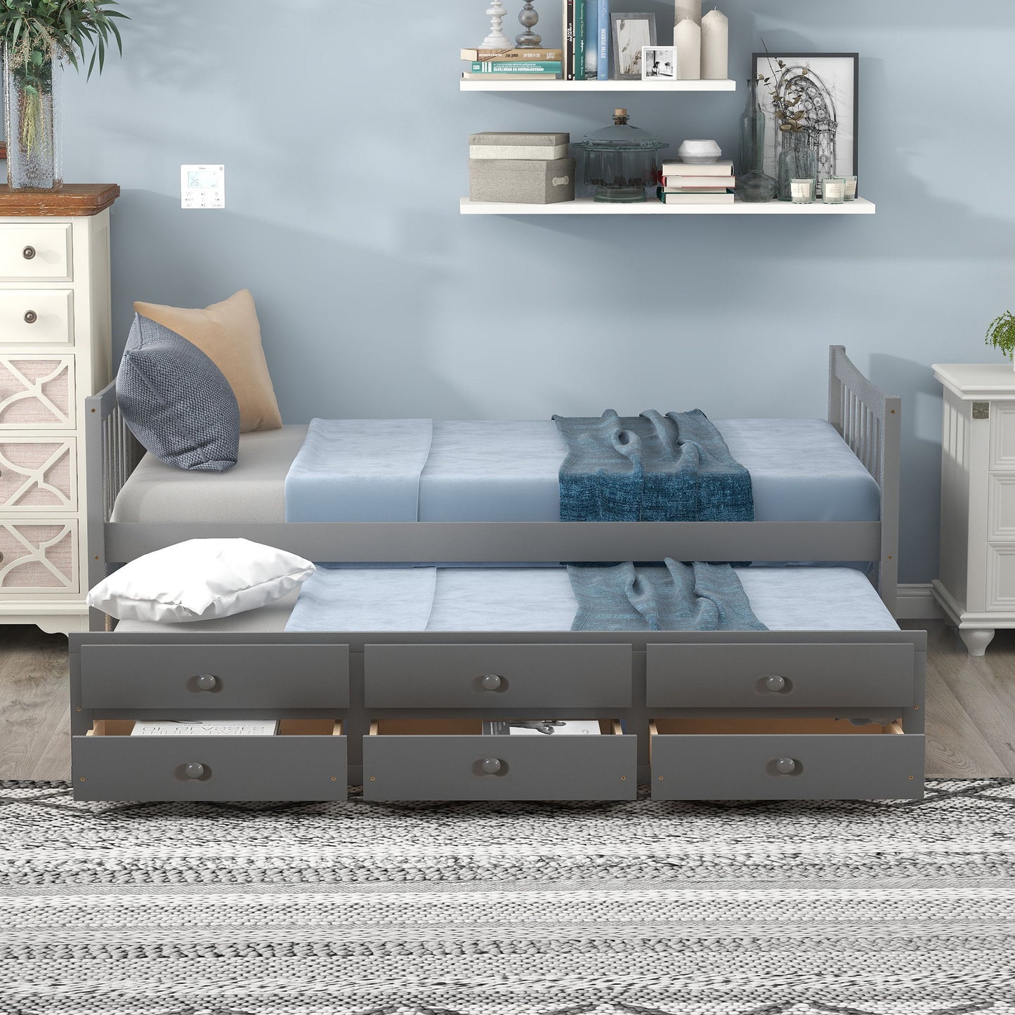 Twin Size Daybed With Trundle And Drawers - Gray