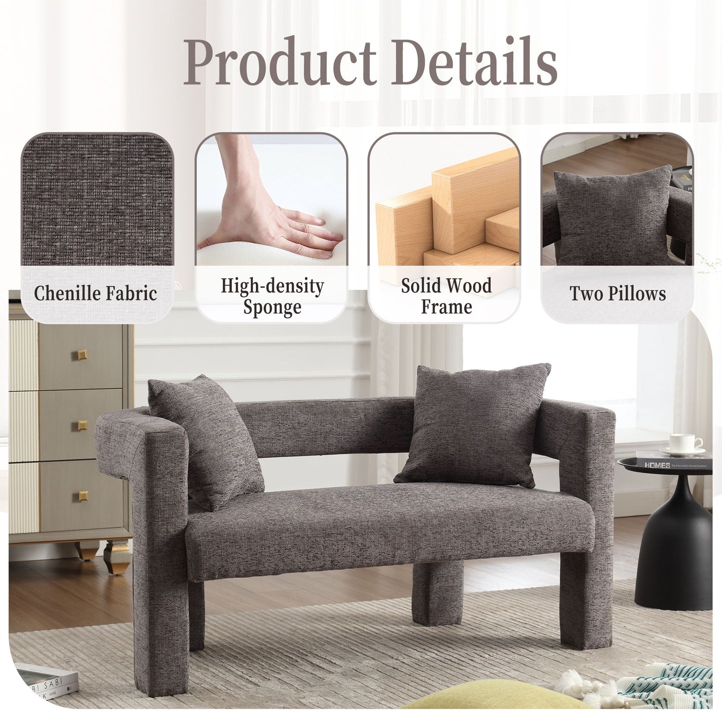 Modern Loveseat Sofa, Comfy Upholstered 2 Seater Sofa, Small Loveseat Accent Couch For Leisure Areas - Gray