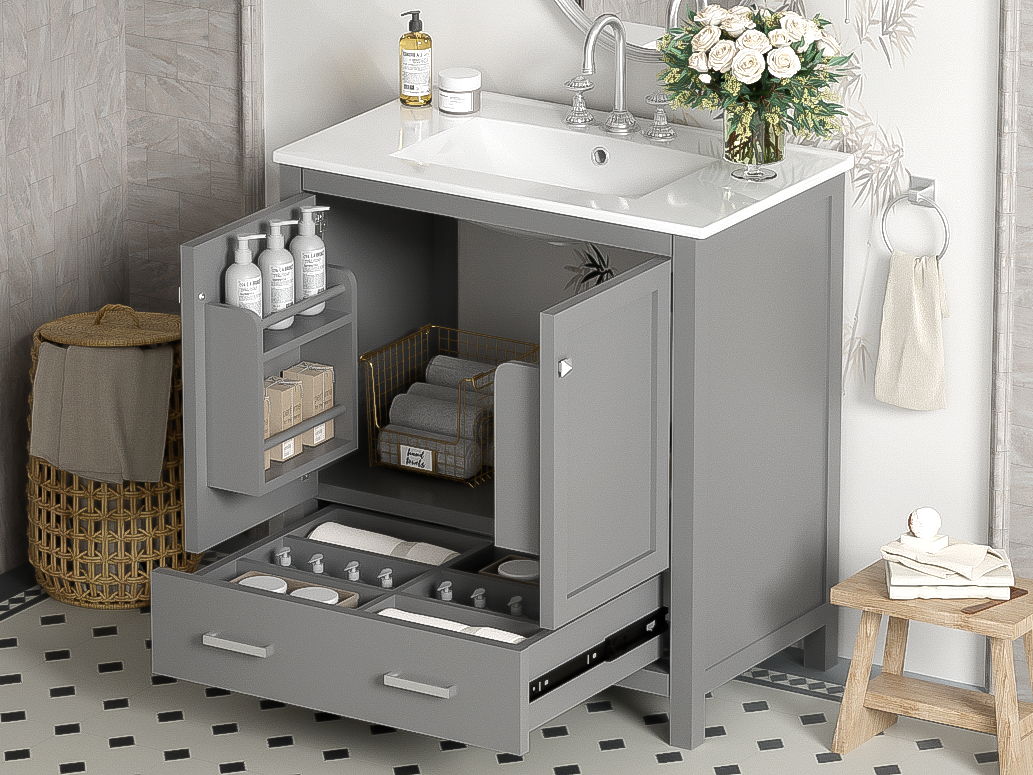 Bathroom Vanity With Single Sink, Combo Cabinet Undermount Sink, Bathroom Storage Cabinet With Two Doors And A Drawer, Soft Closing, Multifunctional Storage, Solid Wood Frame - Gray