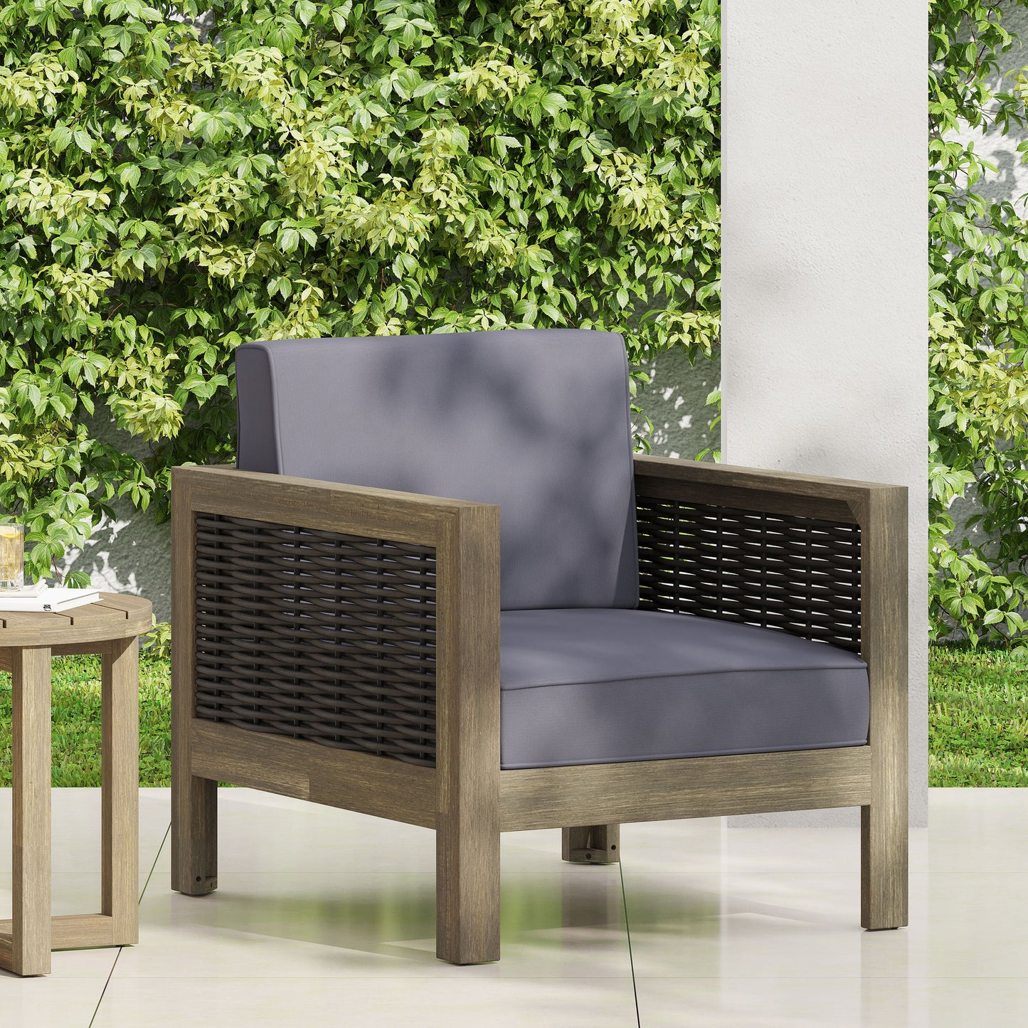Outdoor Club Chair With Wicker Accents And Water Resistant Cushions - Gray