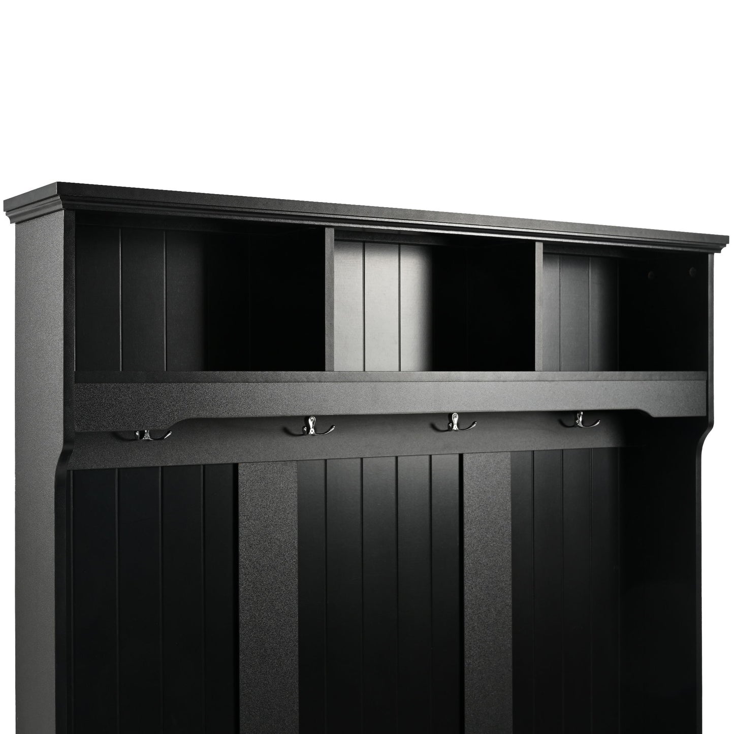 5 In 1 Entryway Bench With Shutter - Shaped Doors, Coat Rack, Cushion And 4 Sturdy Hooks, Wide Hall Tree With Storage Bench For Hallway, Entryway, Living Room - Black