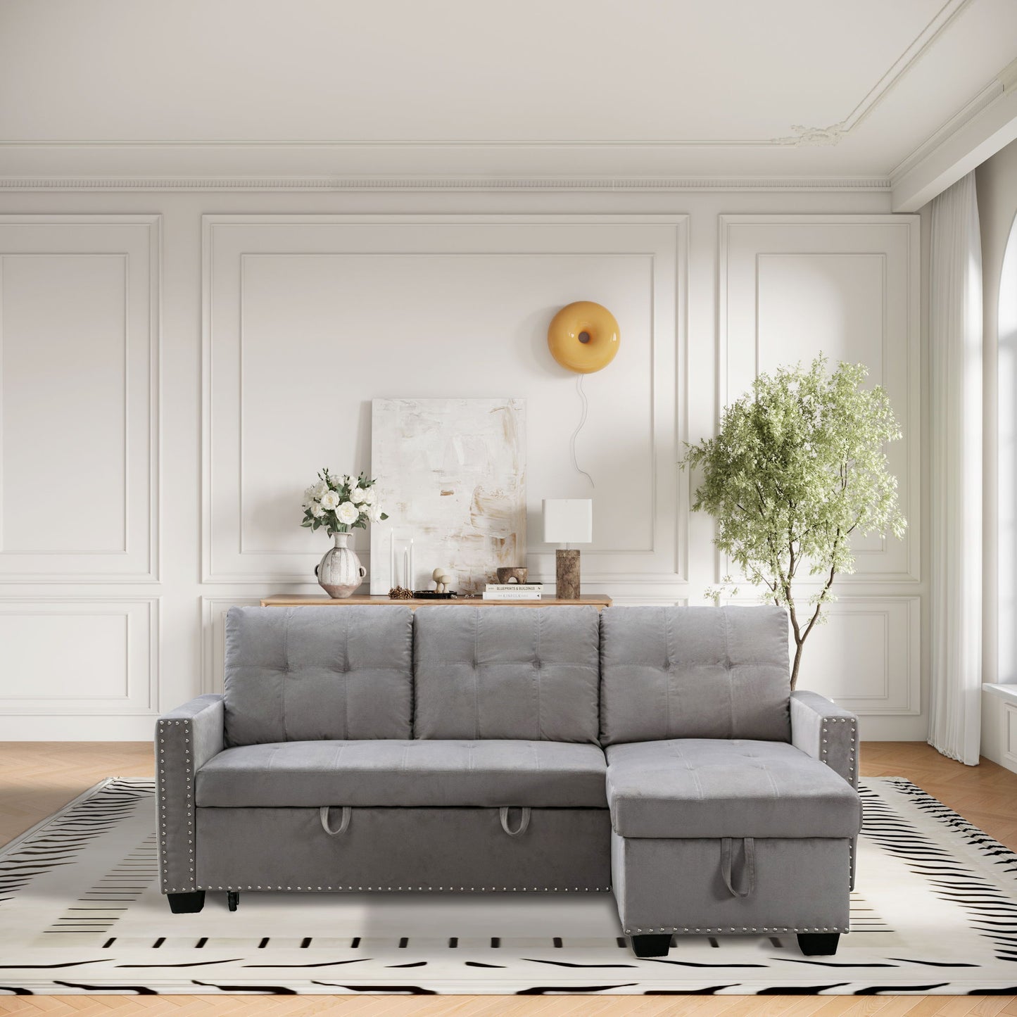 Reversible Sectional Storage Sleeper Sofa Bed, L-Shape 2 Seat Sectional Chaise With Storage, Skin-Feeling Velvet Fabric - Light Gray