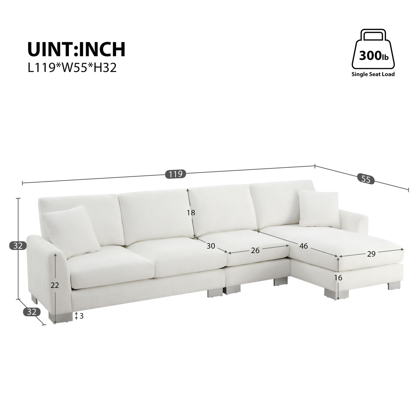 Modern Oversized Sectional Sofa, L-Shaped Luxury Couch Set With 2 Free Pillows, 5 Seat Chenille Indoor Furniture With Chaise - White